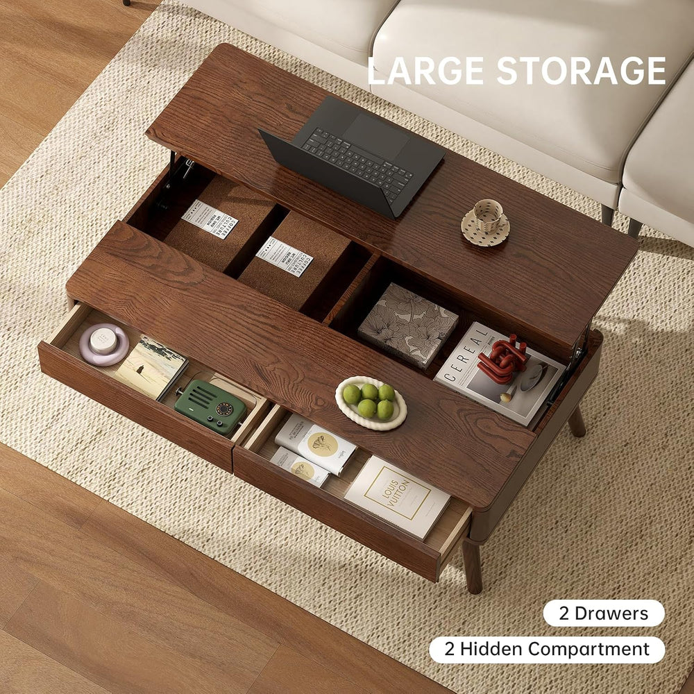 Solid Oak Lift Top Coffee Table with Drawers, Walnut, 47.24"