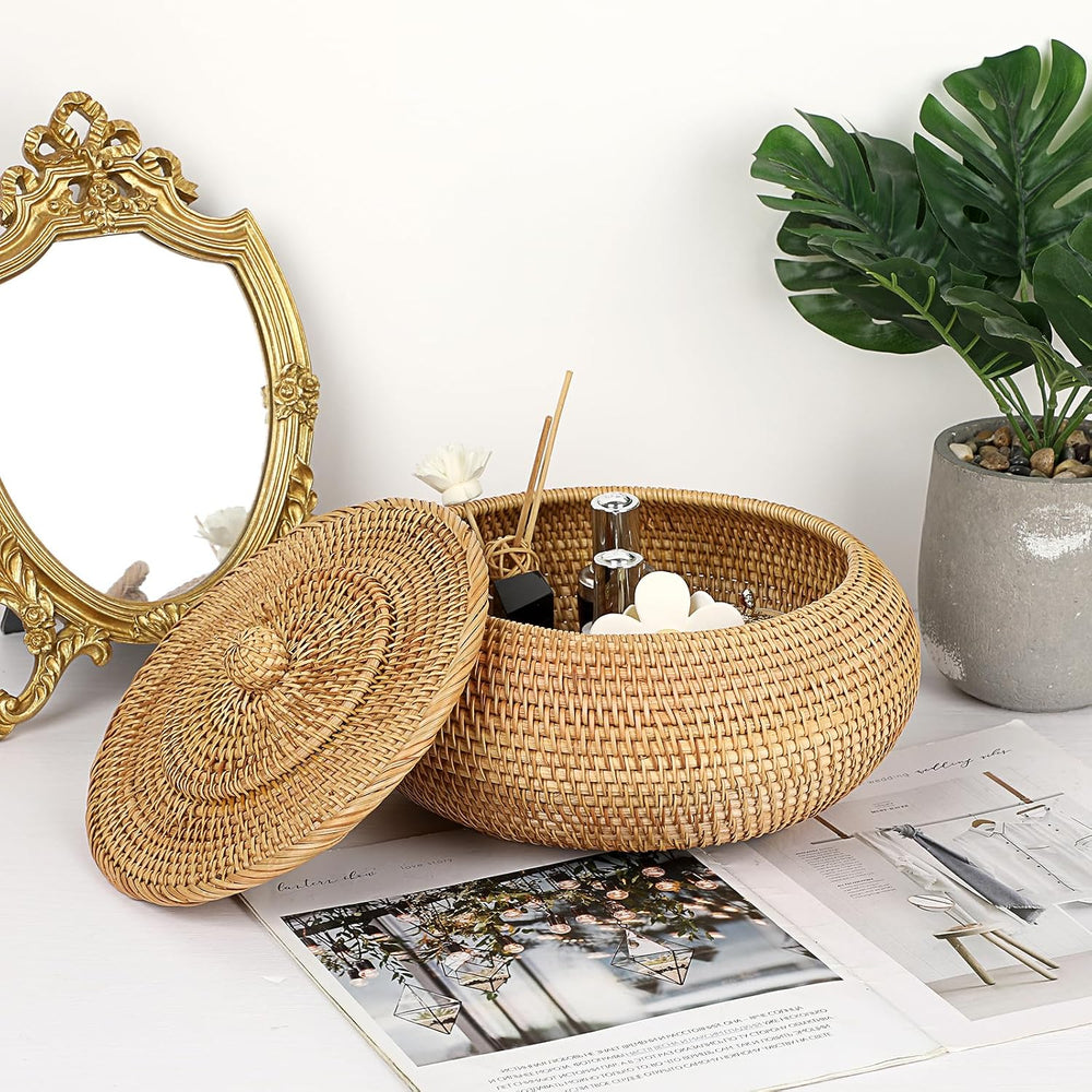 Hipiwe Round Rattan Boxes with Lid Natural Woven Picnic Storage Basket Bin