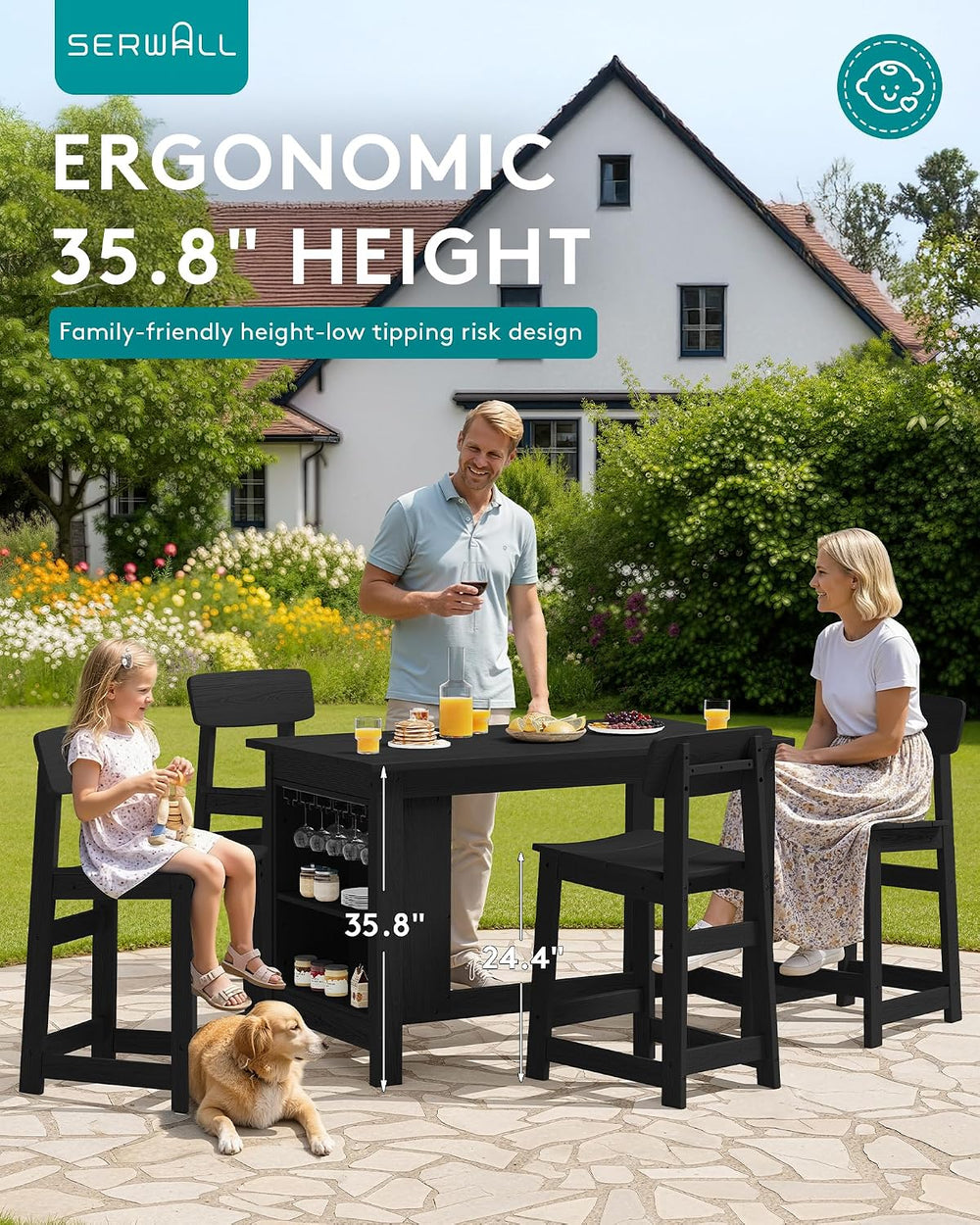 SERWALL Outdoor HDPE Counter-Height Bar Stools Set of 2, Black