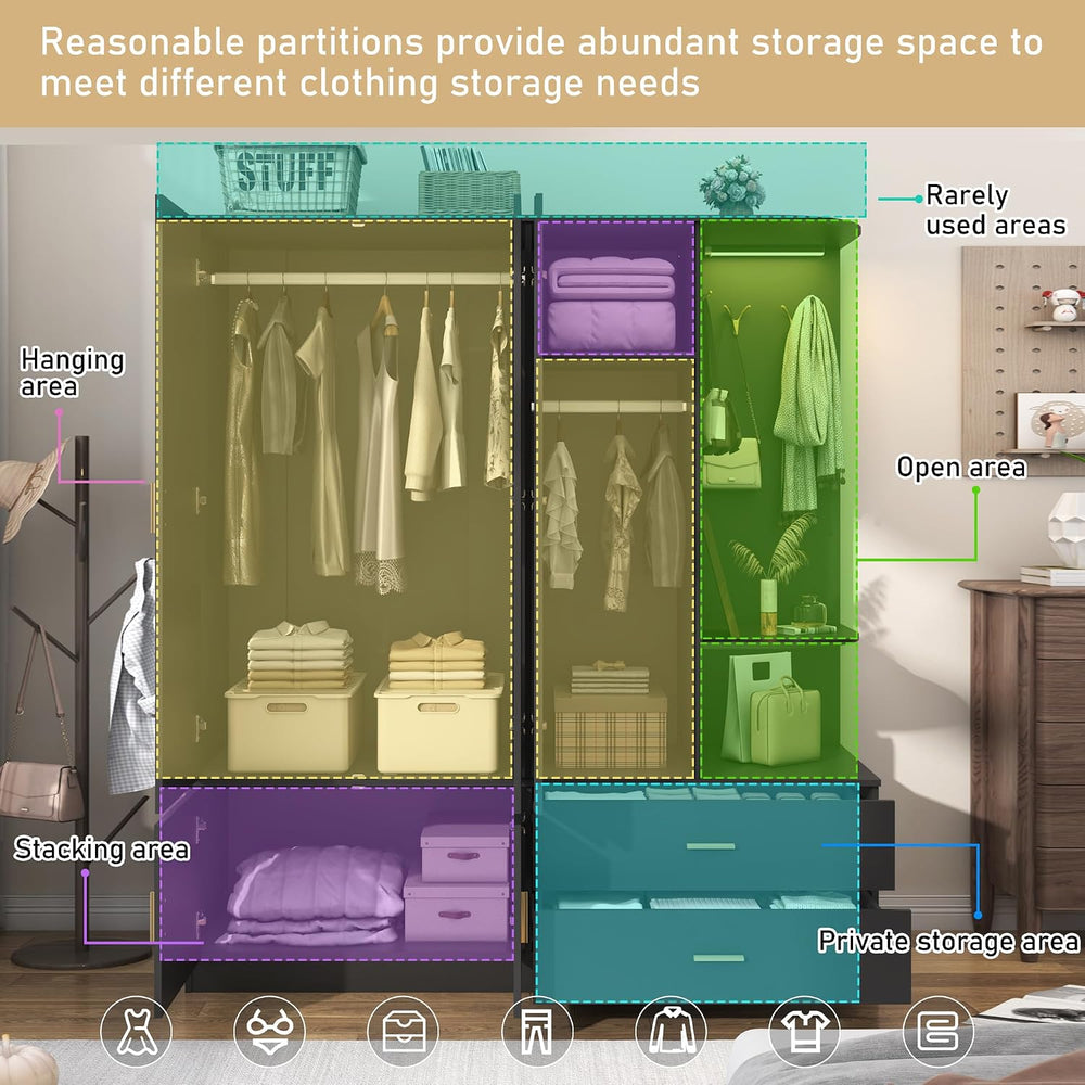 XVD Armoire Wardrobe Closet with Mirror & Sensor Light, Bedroom Armoire w...