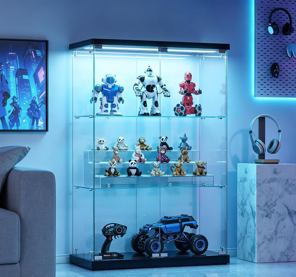 VINGLI Glass Display Cabinet with 3 Shelves, Double Doors and Lock, Floor Sta...