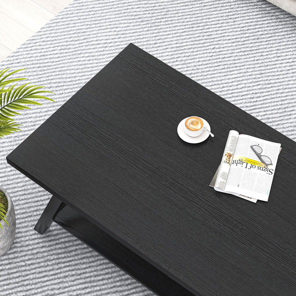 EXCEFUR Black Coffee Table, Modern Wood and Metal Center Table with Storage S...