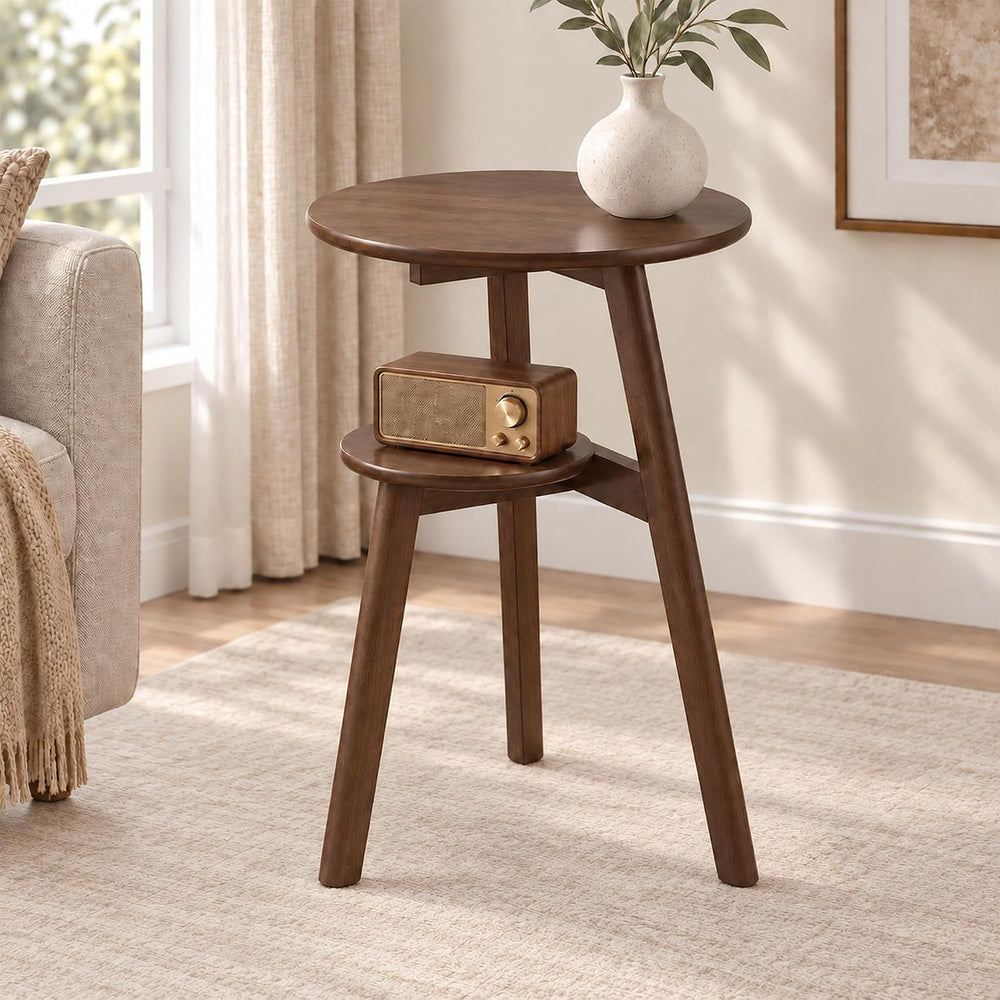 Small Round Side Table, 16.5" 2-Tier Solid Wood End Table, Walnut