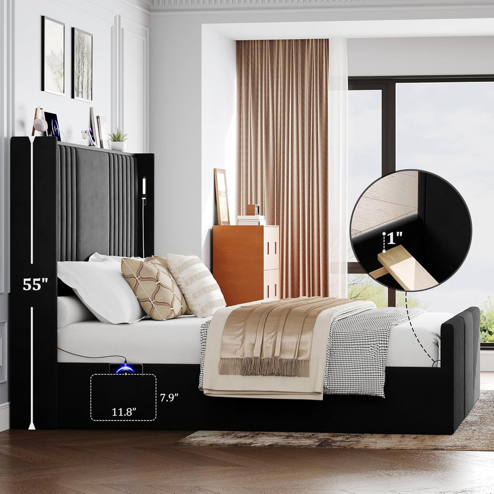 55" Tall King Size Platform Bed Frame with 2 Reading Lights, Black
