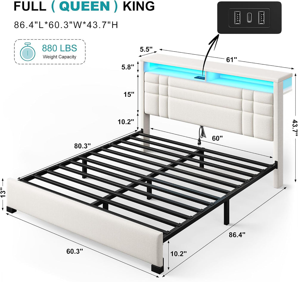 EnHomee Queen Upholstered Bed Frame with LED Lights & Charge Station, Beige