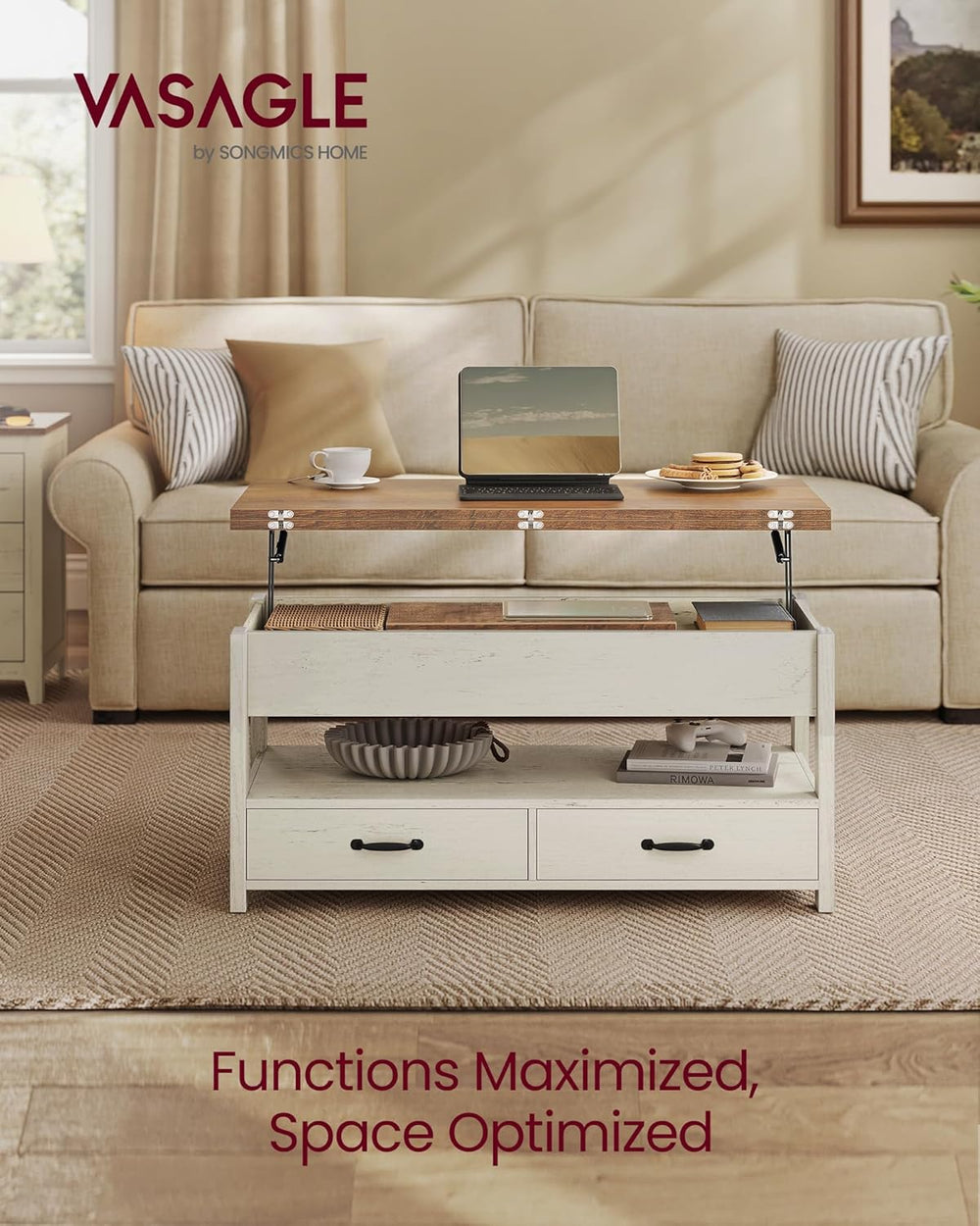 VASAGLE Lift Top Coffee Table, 3 in 1 Center Table with Storage, 2 Drawers