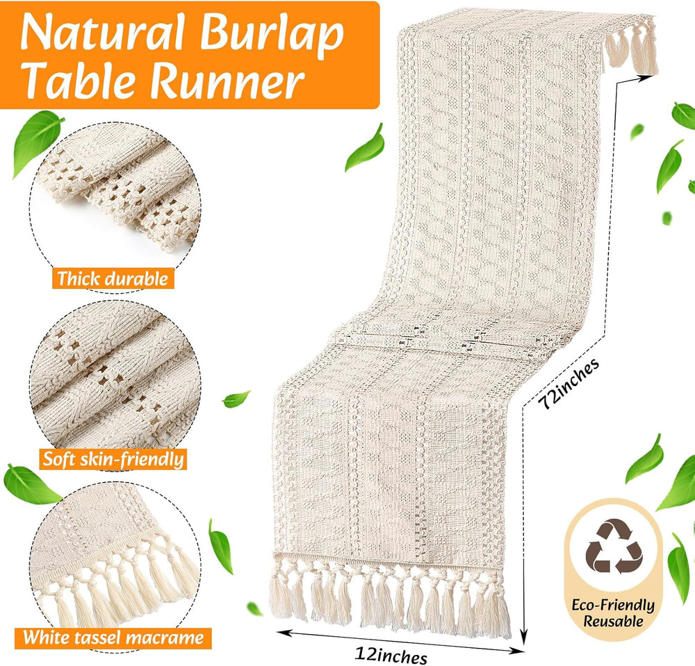 12 Sets Boho Table Runner and Woven Round Placemats Set, White, 12x72