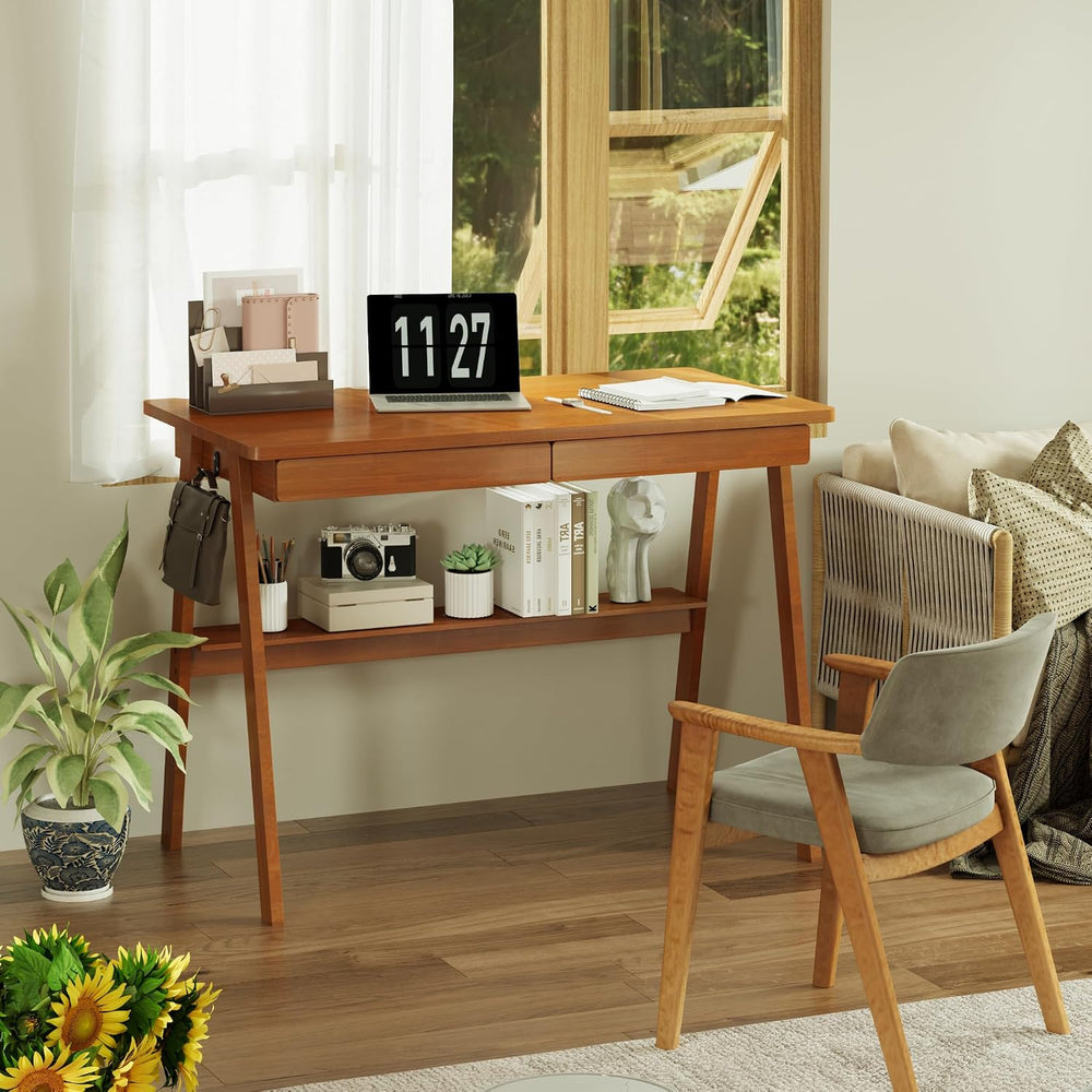Solid Wood Desk with Drawers - 39.4 Inch Mid Century Modern Desks with Storag...