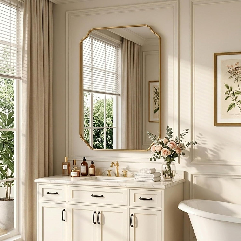 30"x22" Gold Bathroom Wall Mirror, Scalloped Edge Vanity Mirror