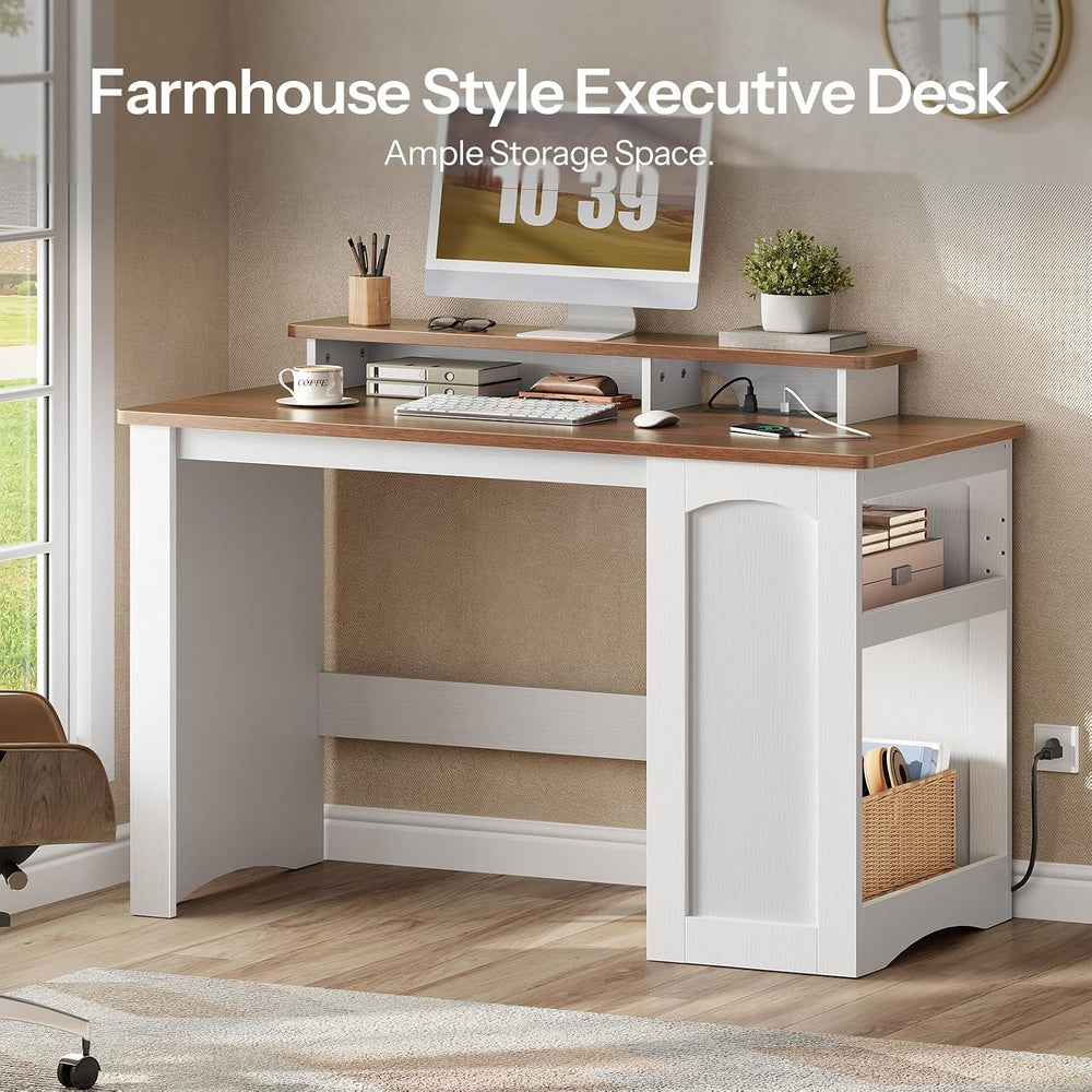 HOOBRO Computer Desk, Office Desk with Charging Station, Farmhouse Executive ...