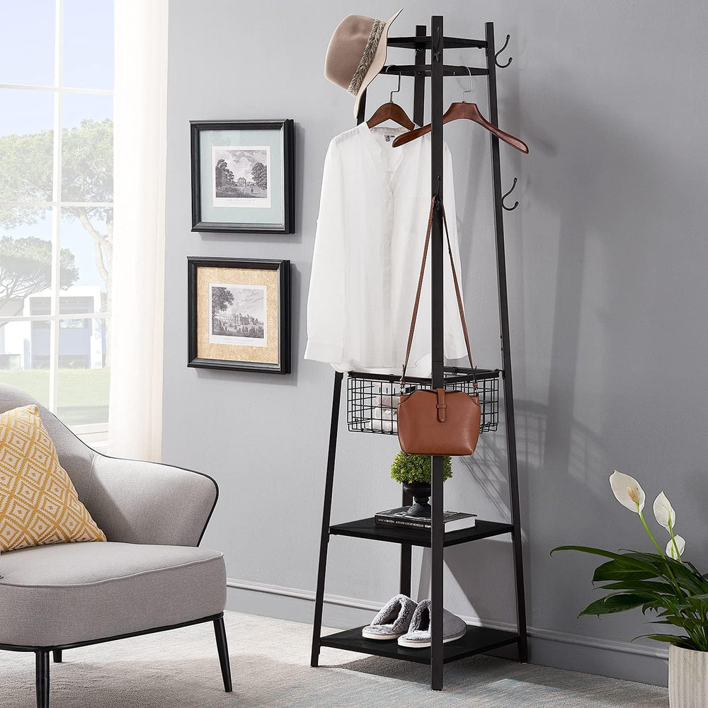 VECELO Coat Rack Freestanding,Hall Tree with Metal Basket and Storage Shelves...