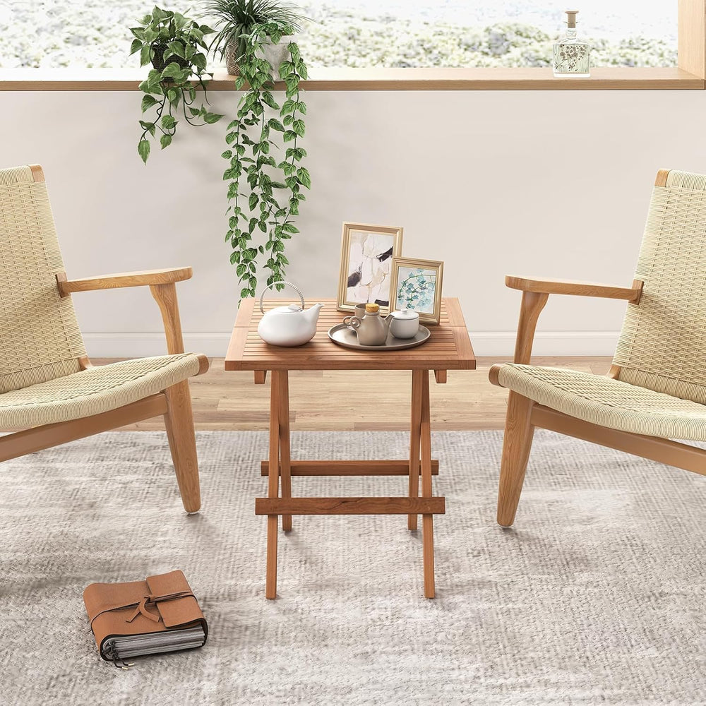 HAPPYGRILL Square Folding Patio Side Table Set of 2, Indonesia Teak Wood Dini...