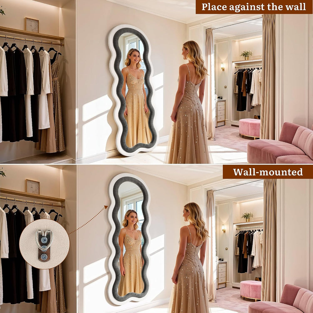 Wavy Full Length Mirror 63"x24", Black and White Velvet Frame