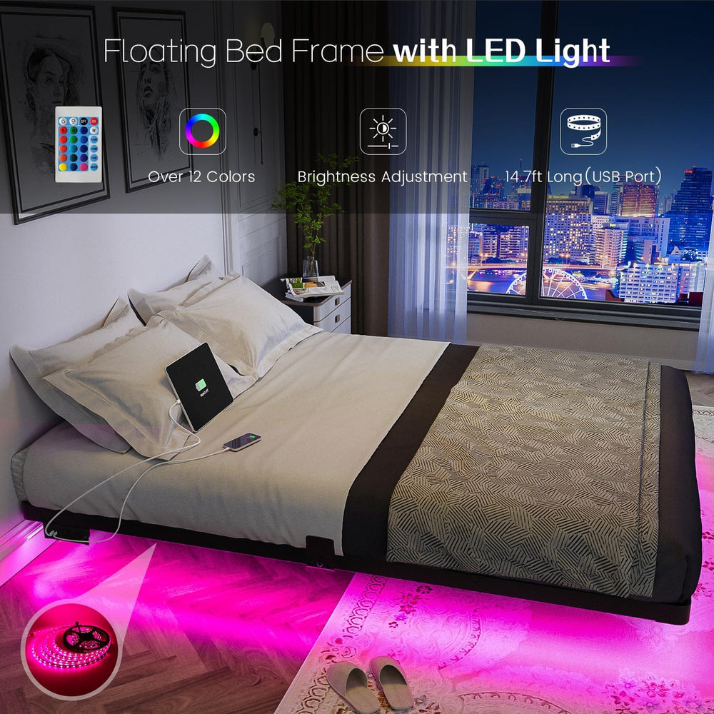 OLEVS Floating Bed Frame Queen Size Metal with LED Light & Charging Station