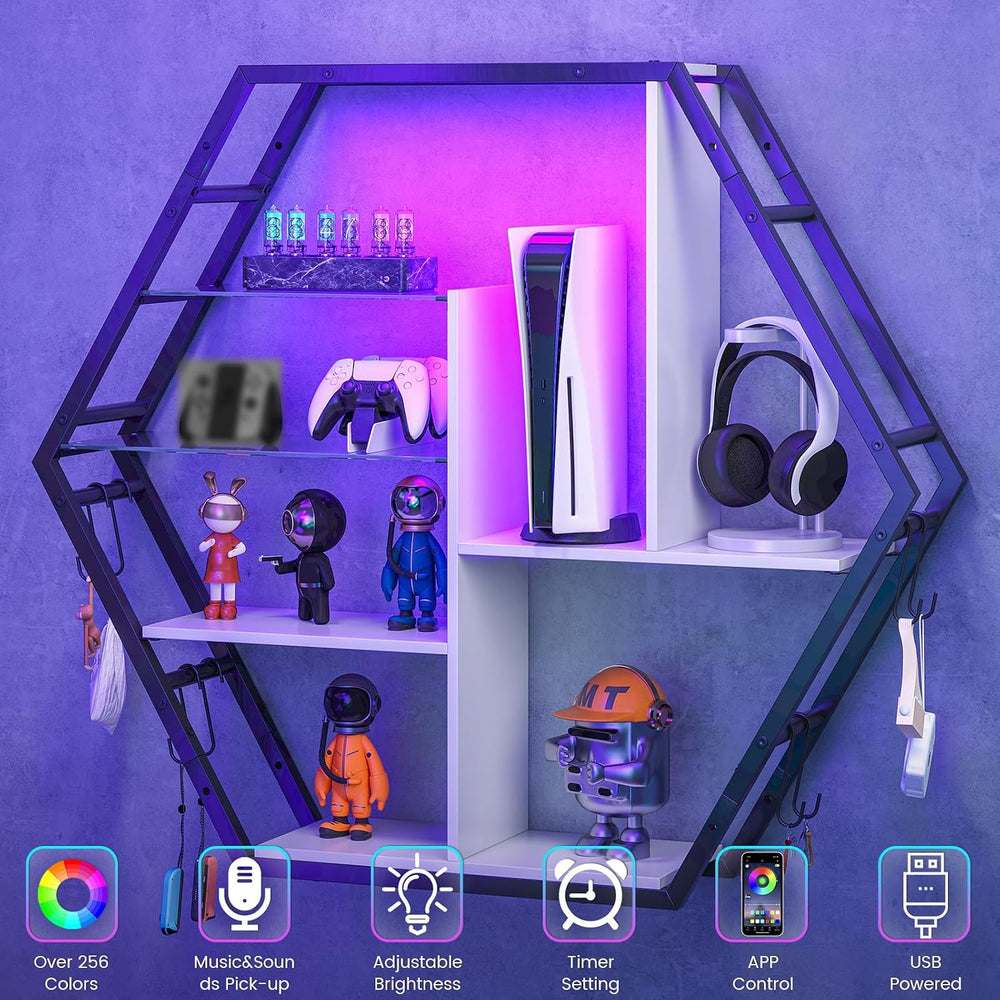 Saudism Large Gaming Room Storage Shelf, Hexagon Wall Mounted Display Shelf