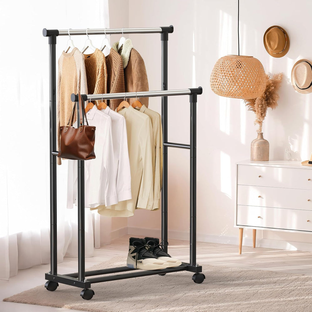 Simple Houseware Double Rods Clothing Hanging Rack on Wheels, Black