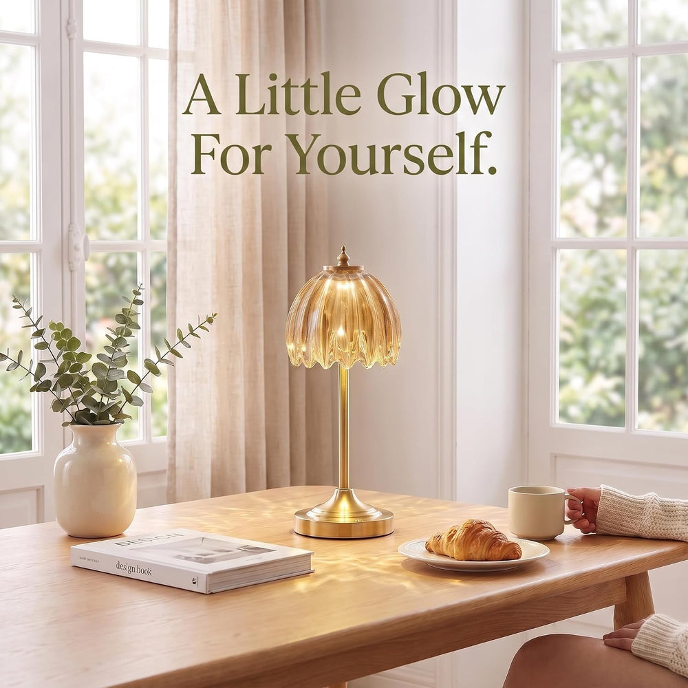 Tulip Glass Rechargeable Table Lamp, Floral Cordless Table Light(Amber)