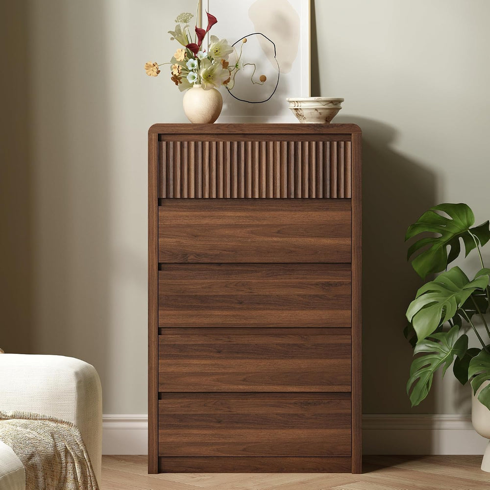 LYNSOM Walnut Fluted 5 Drawer Dresser for Bedroom, Curved Edge, 48" Tall