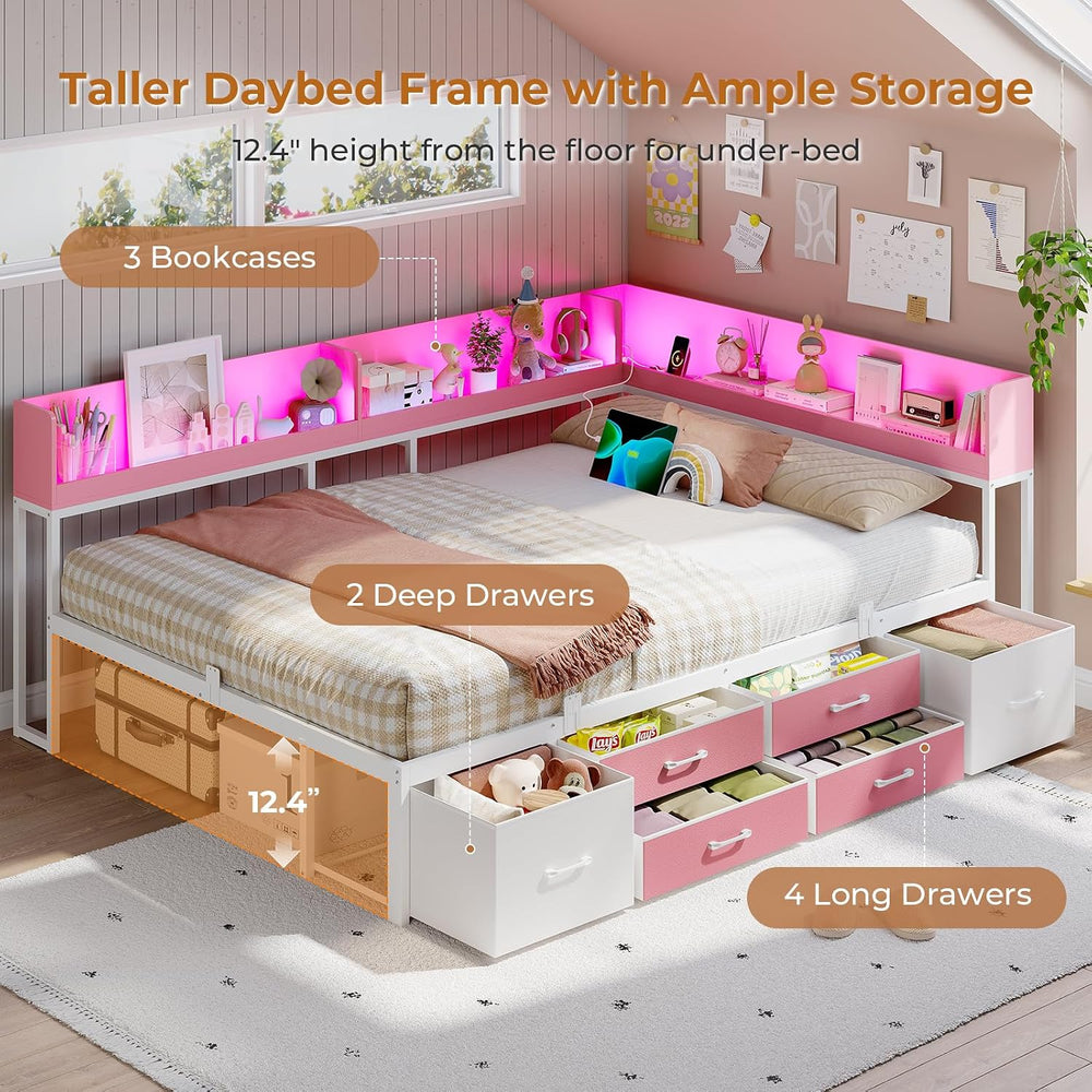 Corner Bed Frame with 6 Drawers, Full Size Day Bed with Bookcase Storage