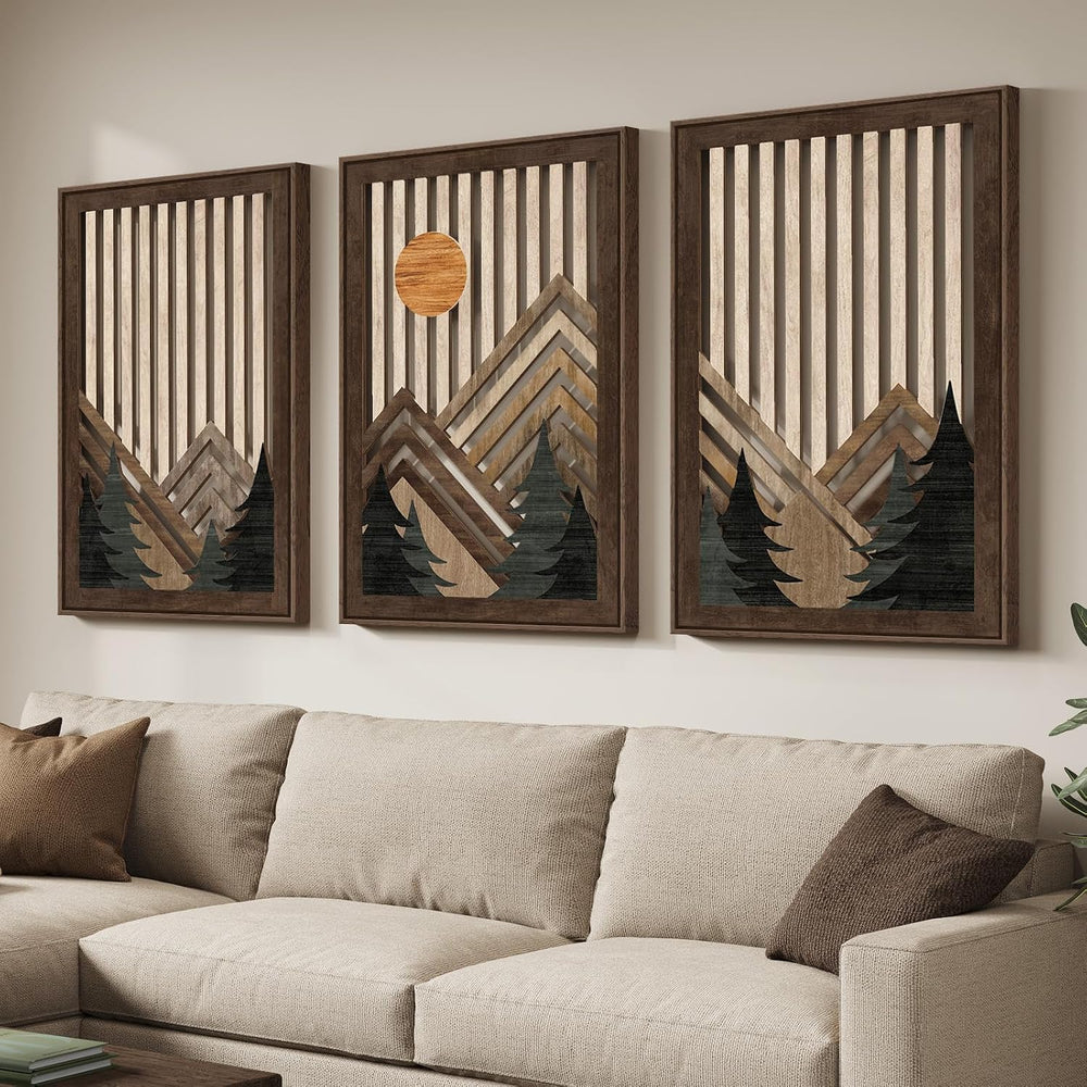 Large Framed Cutout Boho Mountain Wood Wall Art for Living Room, 3 Piece