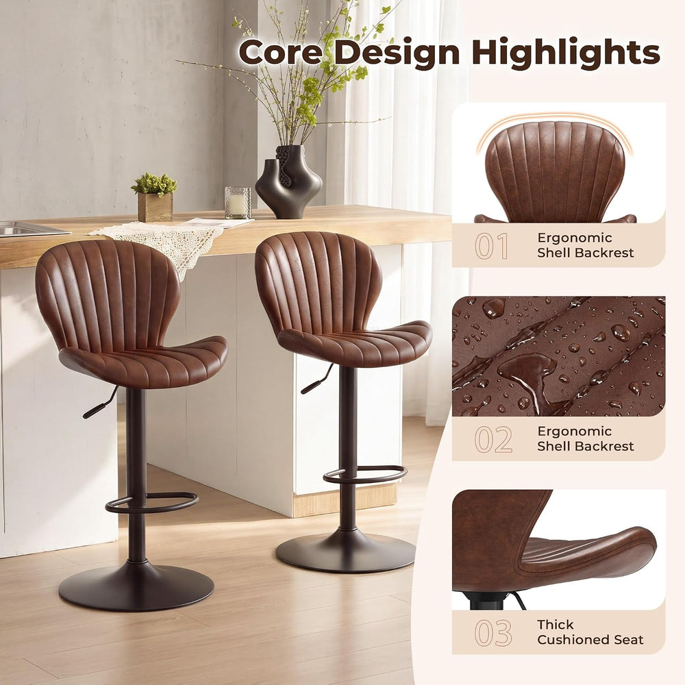LIVELYGLOW Bar Stools Set of 2, PU Leather Chairs for Kitchen Red Brown