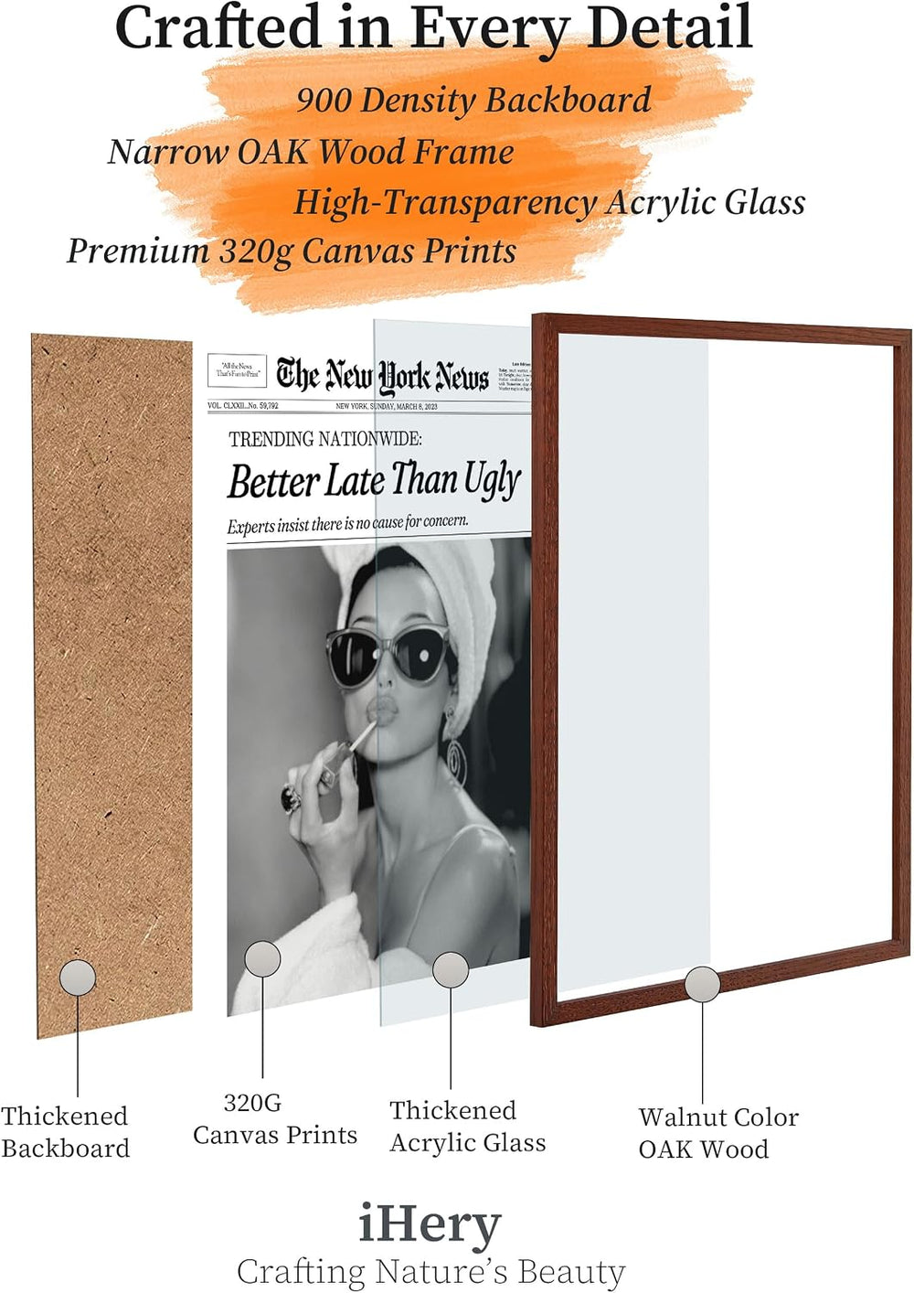 iHery 12x16in Audrey Hepburn Better Late Than Ugly Framed Bathroom Art