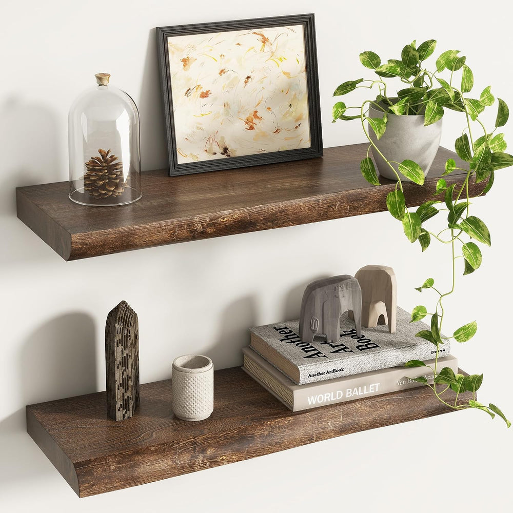 Solid Wood Floating Shelves 24 Inch, Live Edge, Heavy-Duty, Walnut, 2pcs