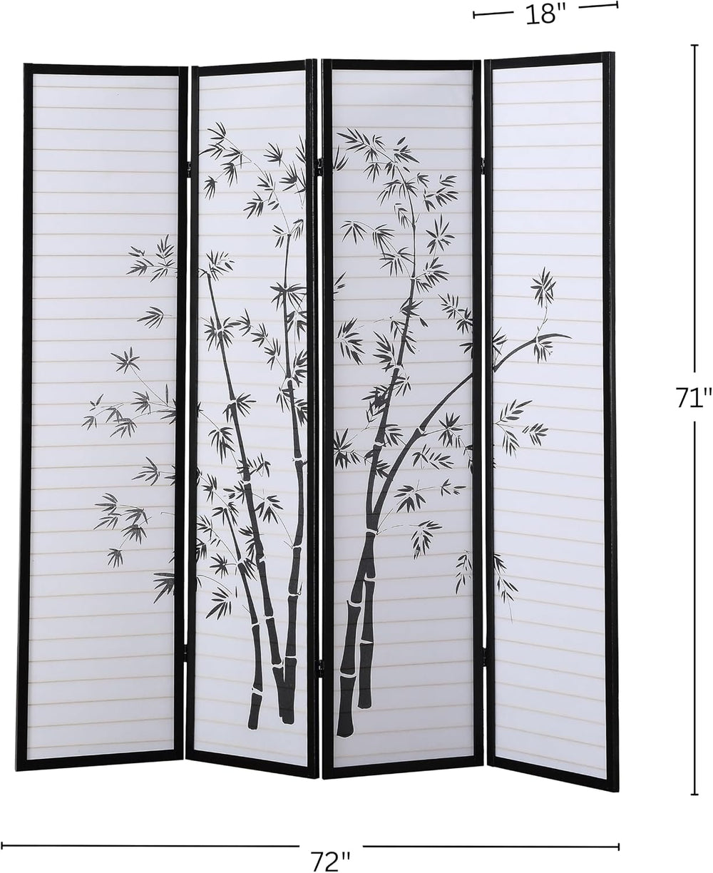 Roundhill Bamboo Print 4-Panel Framed Room Screen/Divider, black
