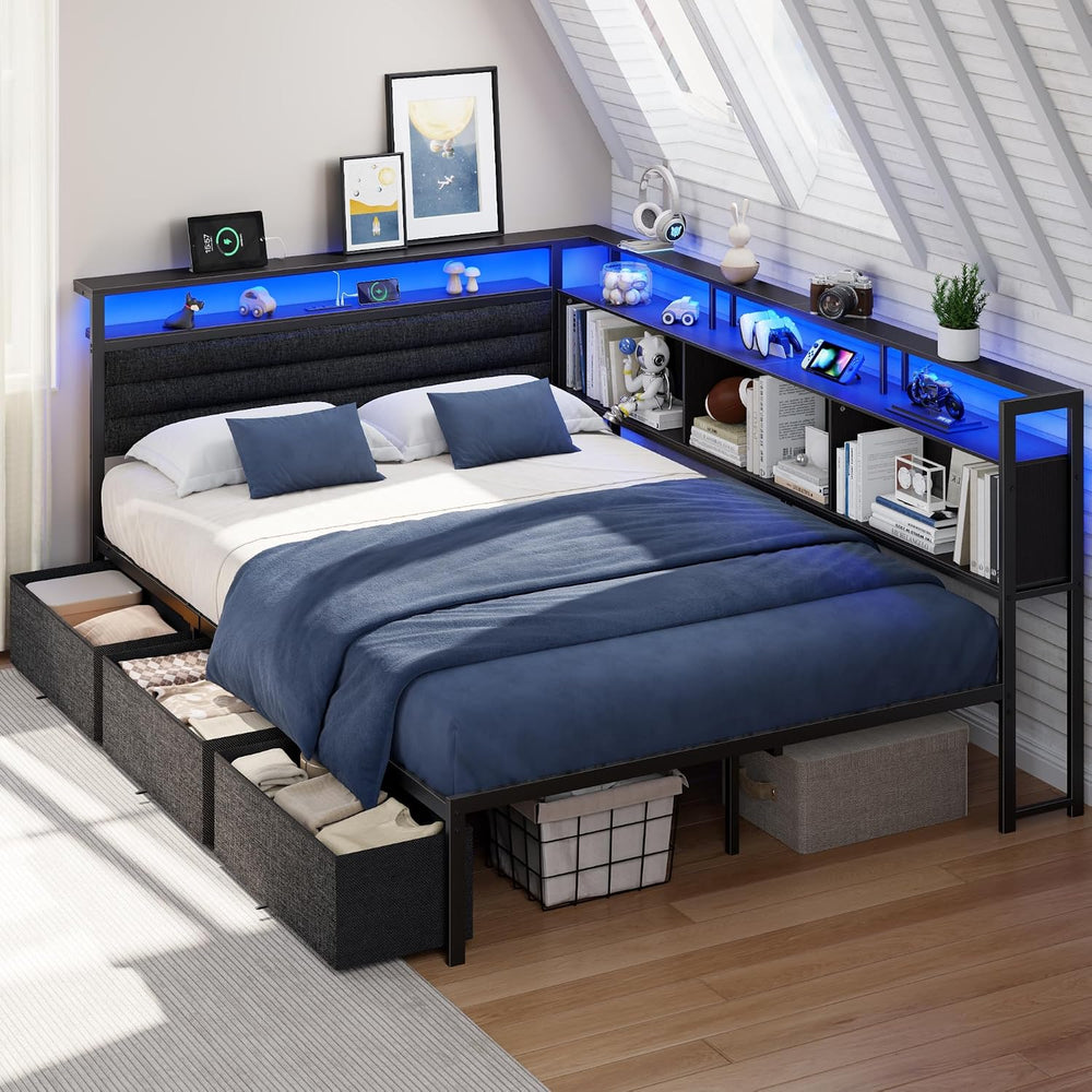OURPIC Full Corner Bed Frame with 3 Storage Drawers, LED Lights & Charging