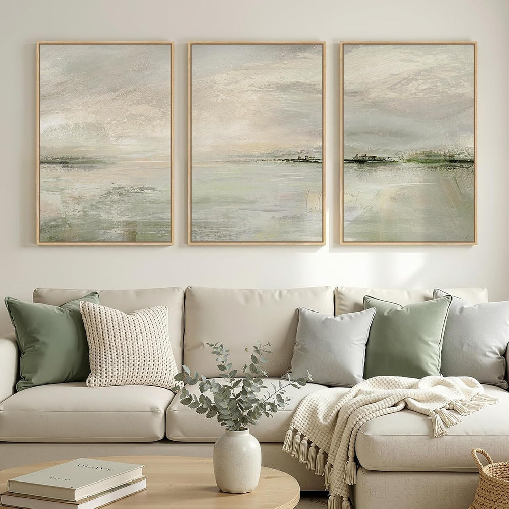 Large Framed Sage Green Abstract Landscape Wall Art for Living Room, 24x36