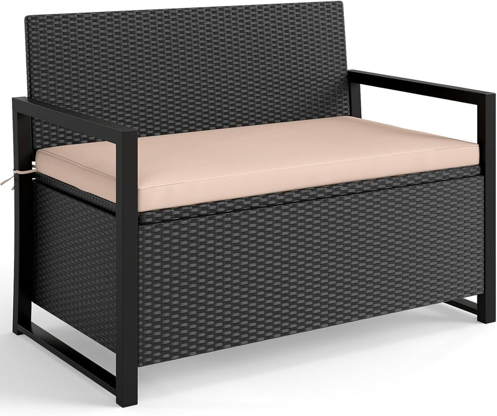 Tangkula 40 Gallon Rattan Outdoor Bench with Storage & Cushions