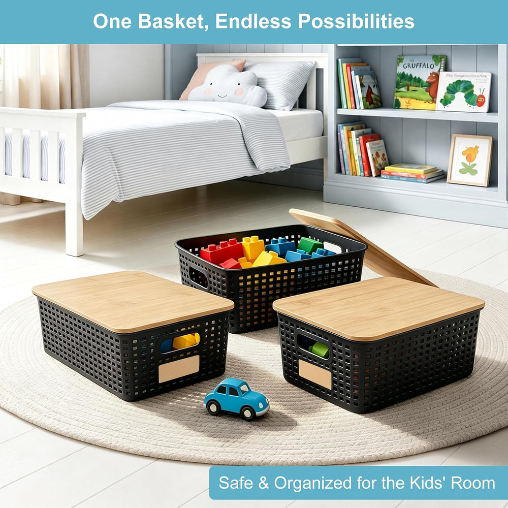 Bagnizer Small Plastic Storage Bins with Bamboo Lids 5.2qt Stackable Box Bask...