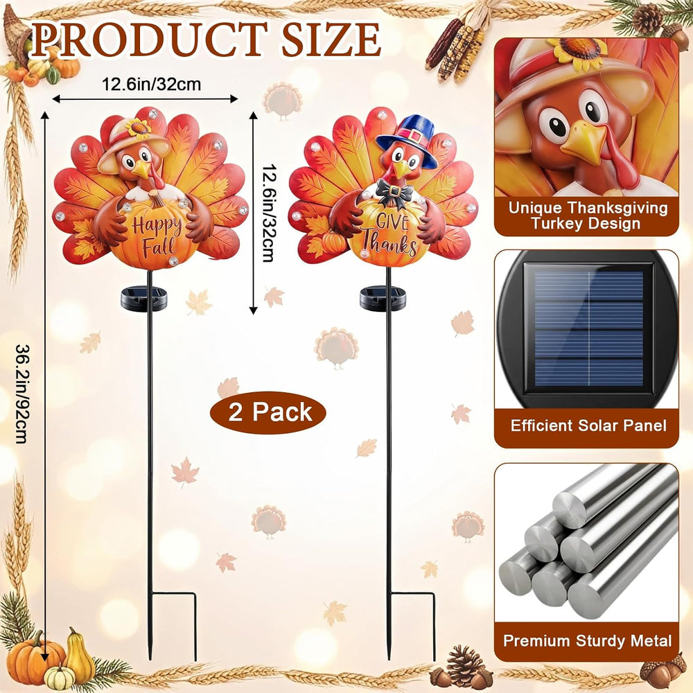 Lewondr 2PCS Thanksgiving Decorations Solar Fall Turkey Garden Stakes