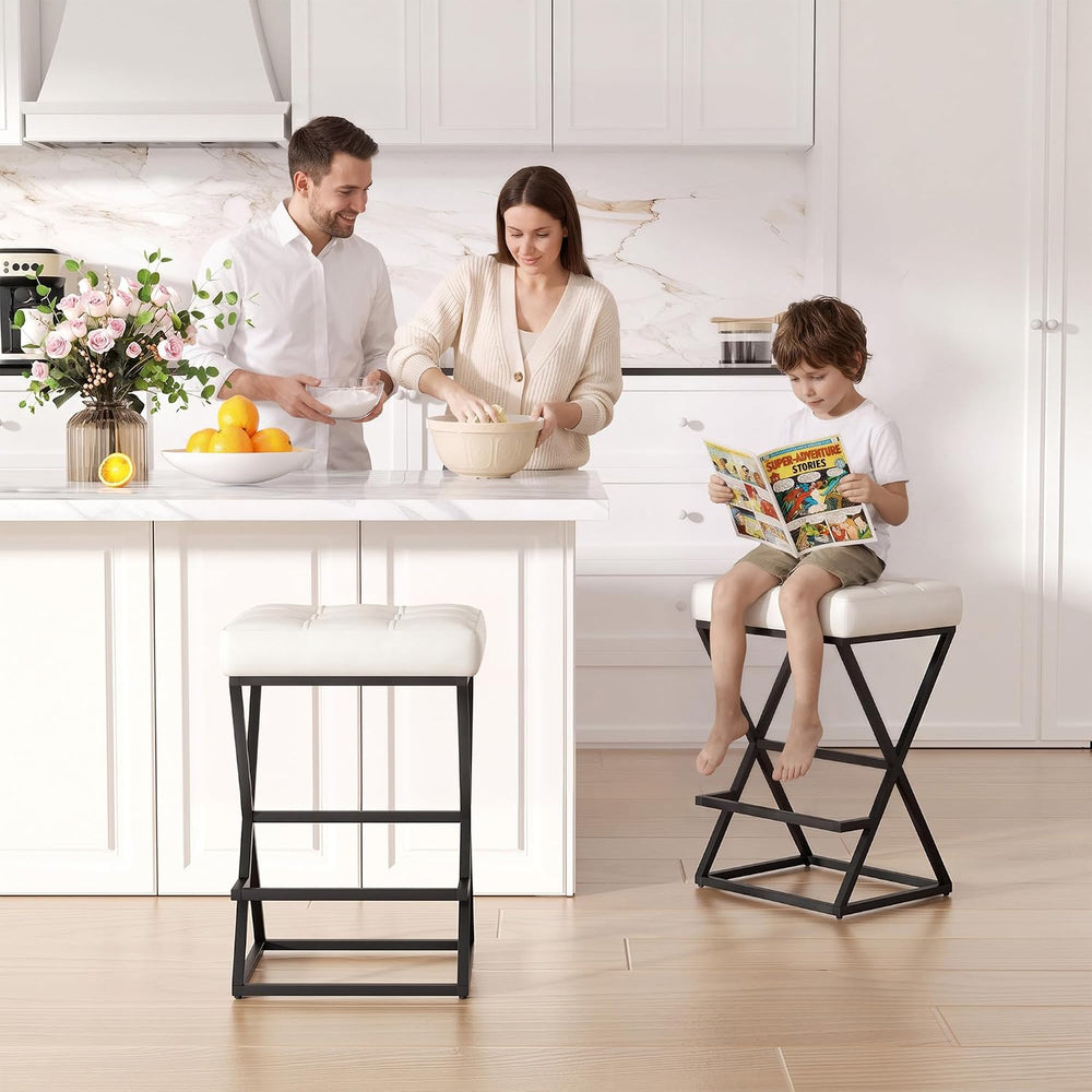 Bar Stools Set of 2, 26" Leather Counter Height Bar Stools, Beige