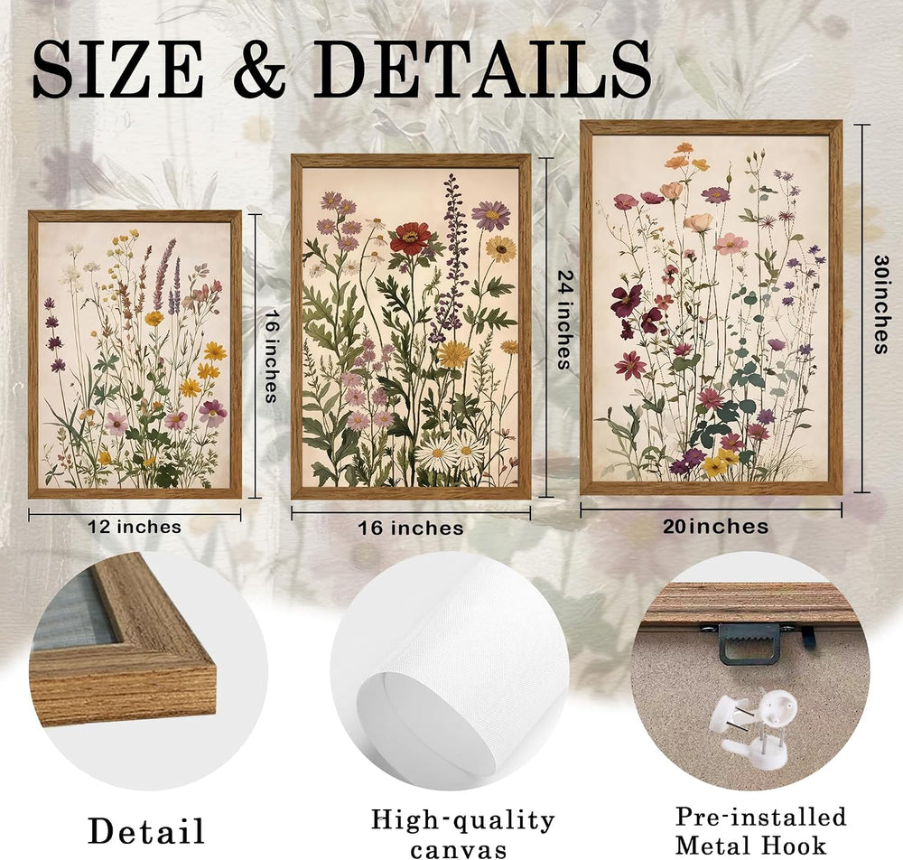 AVECCO 3 Piece Vintage Wildflower Botanical Framed Canvas Wall Art 12x16 in