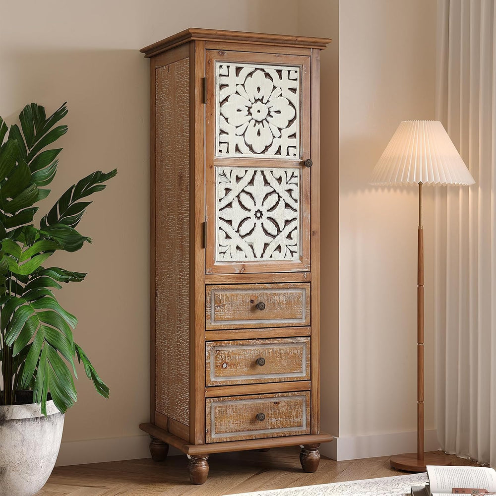 LKTART Solid Wood Tall Accent StorageCabinet,Narrow Carved Sideboard Buffet