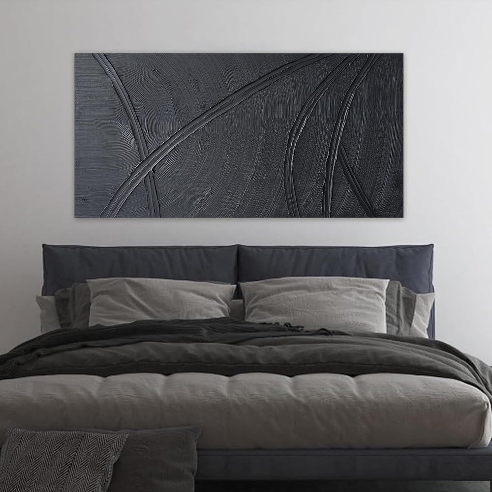 Black Abstract Wall Art Hand Painted Minimalist Textured Painting 20"x40...
