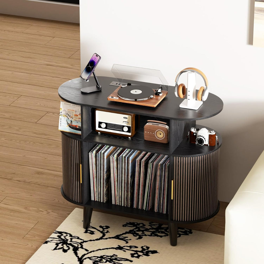 LUVIOHOME Large Round Record Player Stand with Charging Station & USB Ports