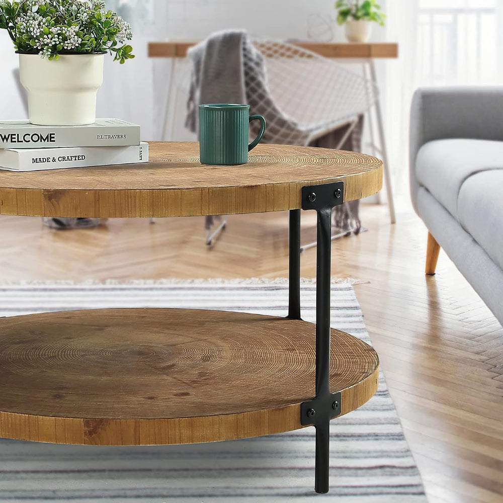Awescuti Round Boho Wood Coffee Table - 29.1" Farmhouse Natural Circle W...