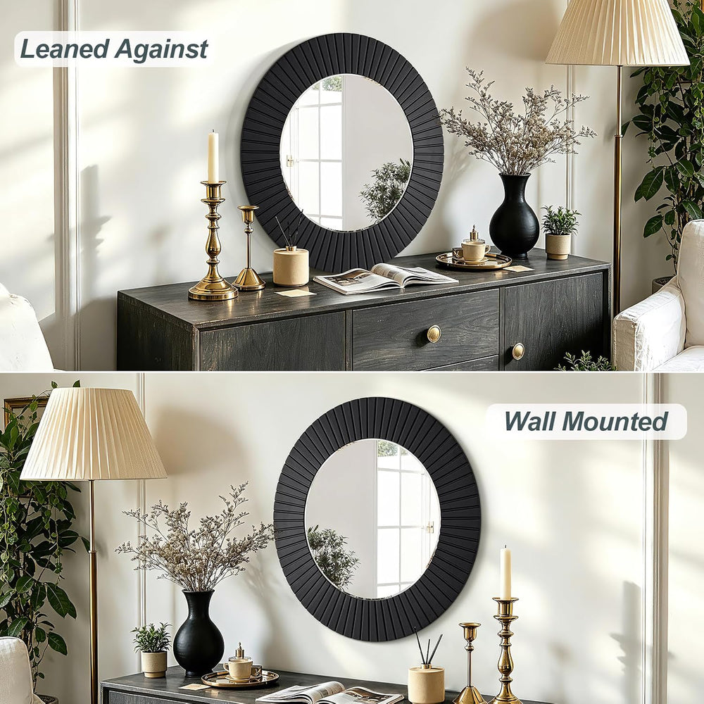 Chende 30'' Black Round Wall Mirror for Bathroom with Fluted Wood Frame