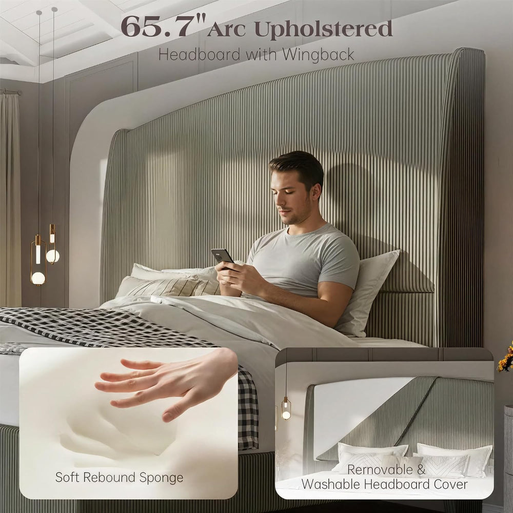 King Size Upholstered Platform Bed Frame with 66" Tall Headboard, Gray