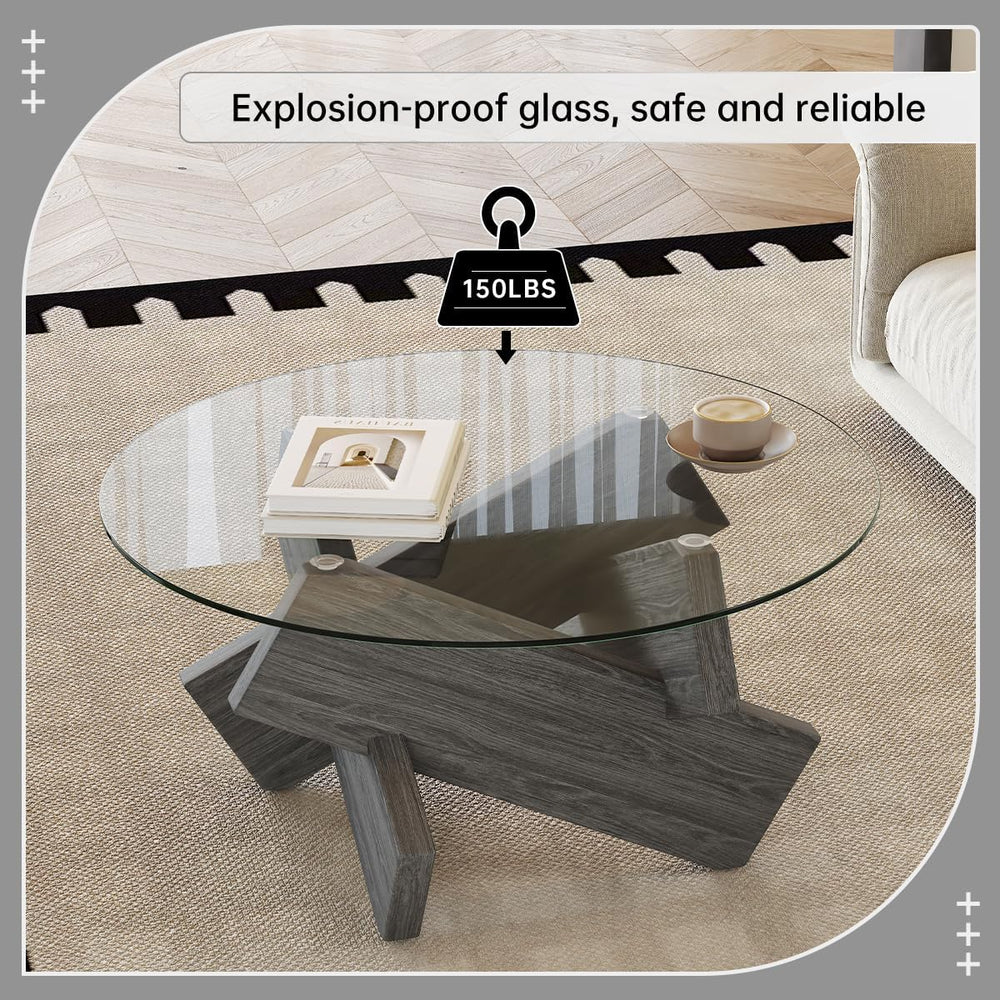 Gray Round Glass Coffee Table,33" Round Coffee Tables for Living Room Cl...