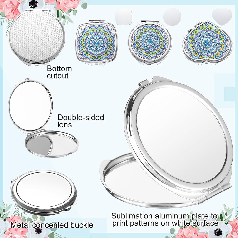Jetec 18 Pcs Sublimation Blanks Compact Mirror 3 Shapes Heart Round Square