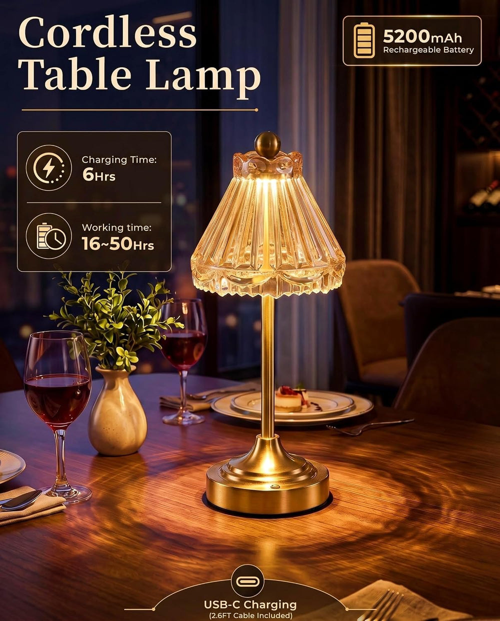 Cordless Small Table Lamp, 5200mAh Rechargeable Glass Lamp
