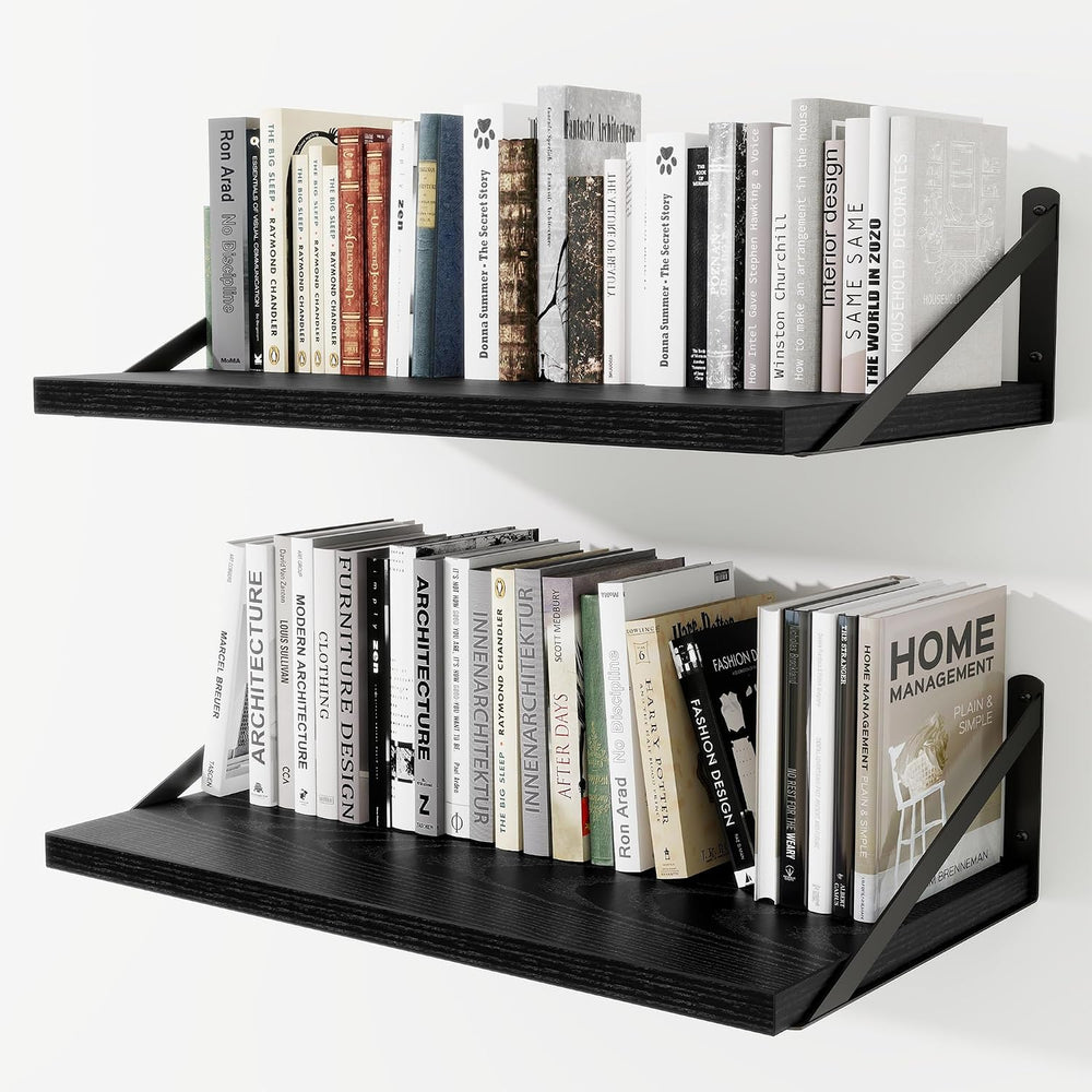 12" Deep Wall Shelves with Metal Brackets, 24" Wide, Black Finish, ...
