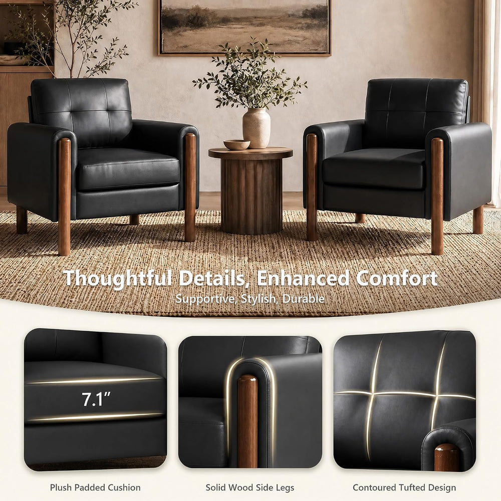 STHOUYN 35" Black Leather Oversized Accent Chair Set of 2 with Wood Armr...