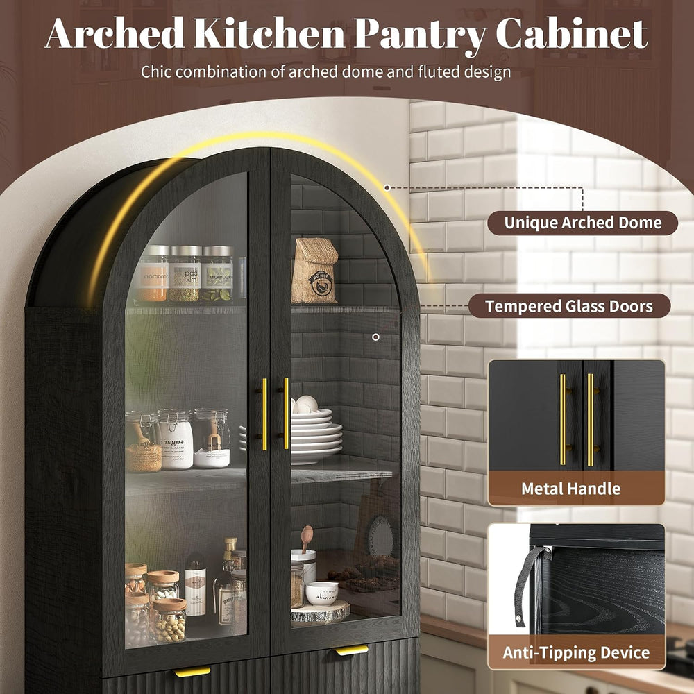 Pamapic 71" Tall Arched Cabinet with Glass Doors, Fluted Kitchen Pantry ...
