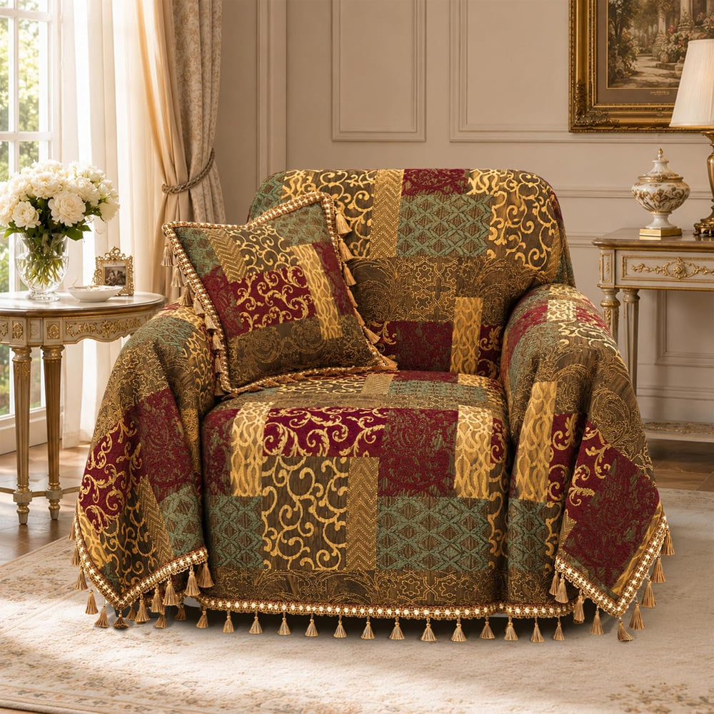 Loom and Mill Patchwork Arm Chair Sofa Slipcover, 71x91 Inches, Red&Gold
