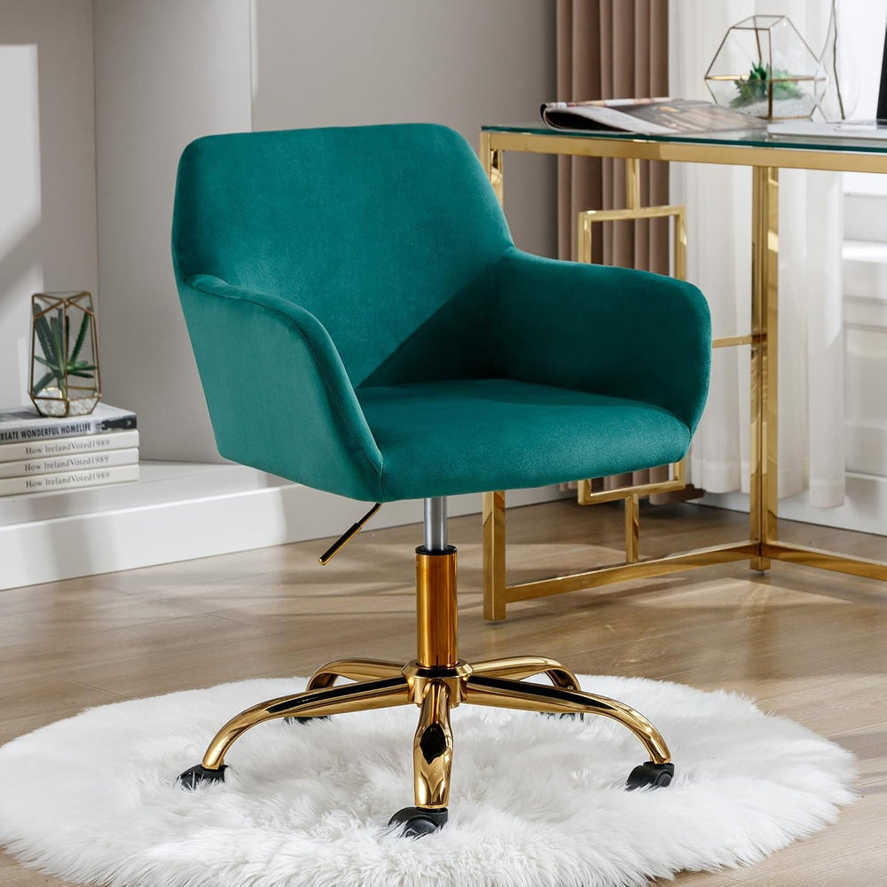 Office Velvet Faux Fur Vanity Desk Chair with Golden Base, Green