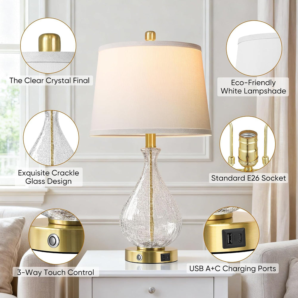 QiMH Bedside Lamps Set of 2, Modern Glass Table Lamps for Living Room